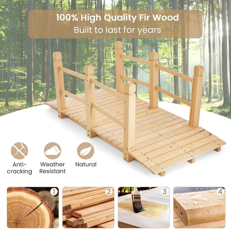 HAPPYGRILL 5FT Wooden Garden Bridge, Decorative Pond Landscaping Bridge with Classic Arc Footbridge & Double Safety Railings, Garden Bridges for Outdoors, Backyard, Garden Farm (Natural) - Image 4